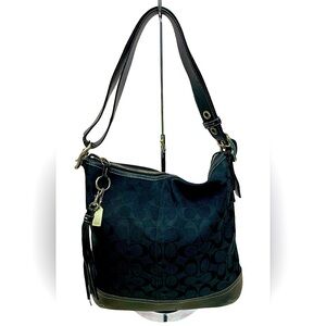 Vintage Coach Black Signature Canvas Shoulder Bag Black Leather Trim C Print